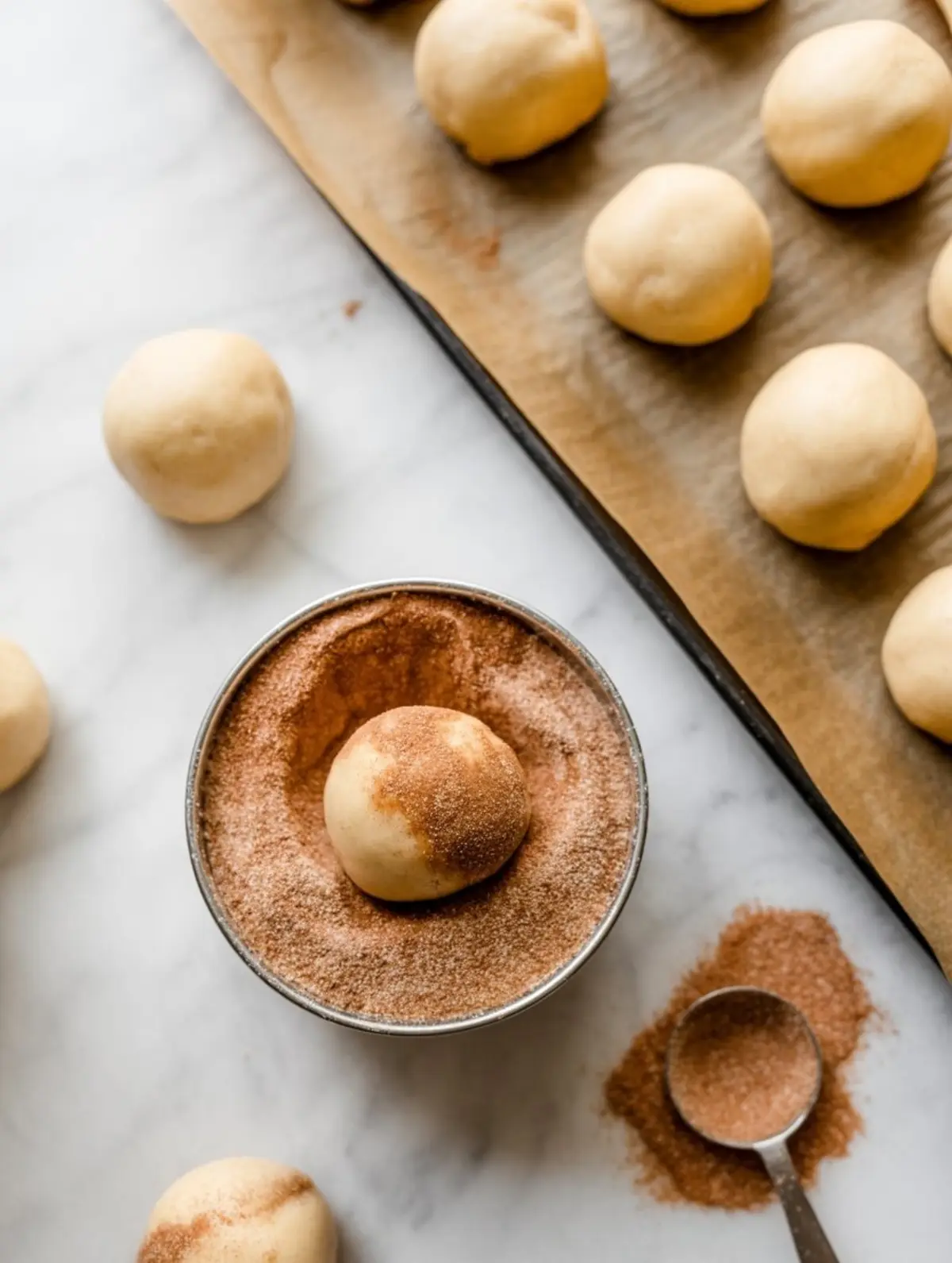 Overhead photo of unbaked snickerdoodle dough balls being rolled in cinnamon sugar, with some placed on a parchment-lined baking tray ready for the oven.