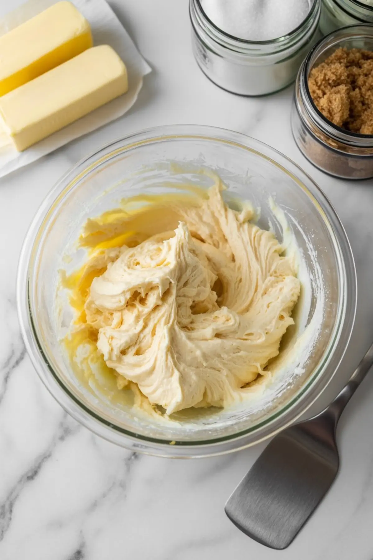 Bowl of creamed butter, sugar, and egg yolk mixture for eggnog snickerdoodles, surrounded by jars of white and brown sugar and softened butter sticks on a marble surface.