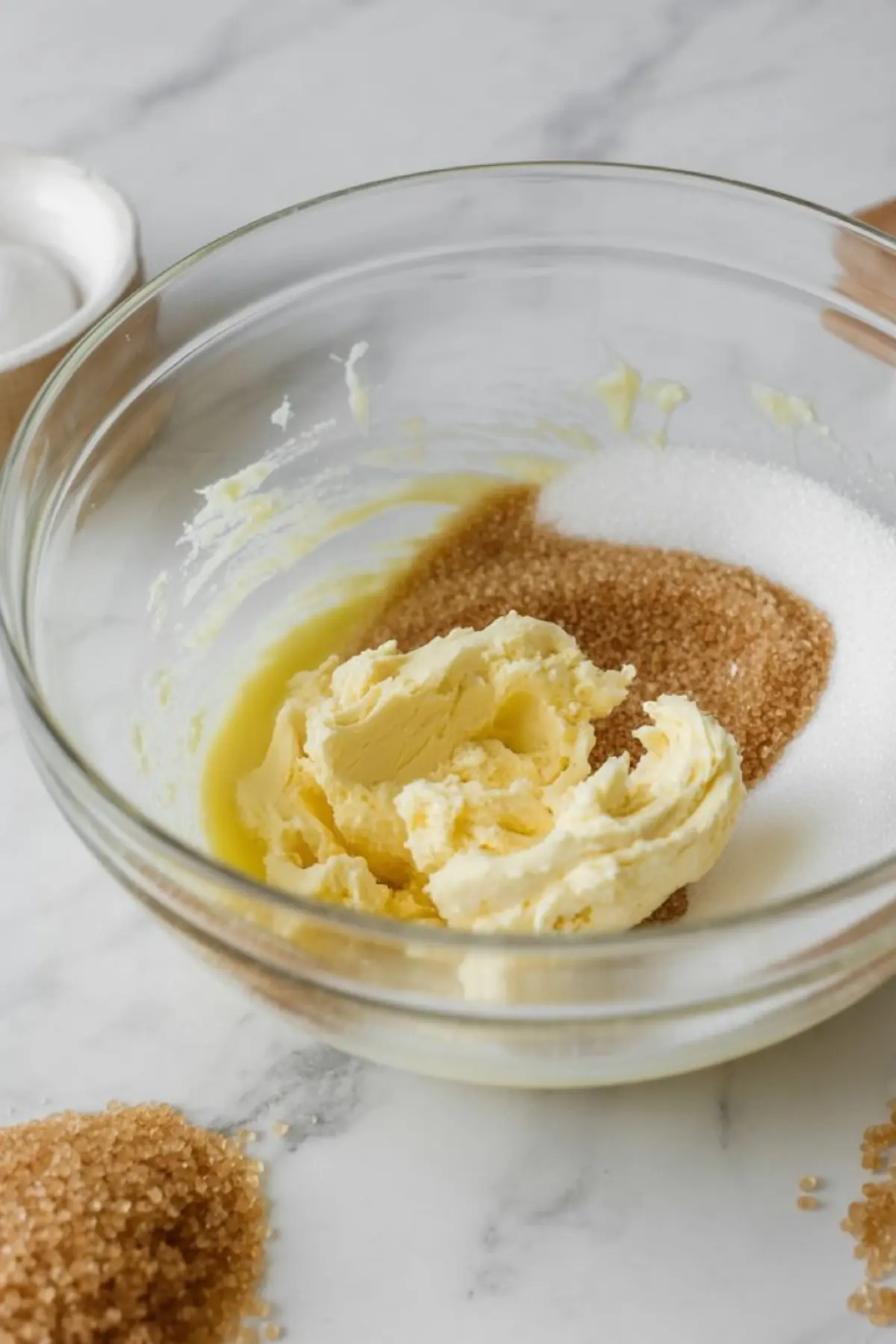 Close-up of butter and two types of sugar partially mixed in a glass bowl, with additional granulated sugar scattered on the marble countertop.