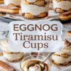 Eggnog tiramisu cups layered with soaked ladyfingers and mascarpone cream, topped with piped whipped cream and dusted cocoa. Bottom half features a spoonful taken from the creamy layered dessert.