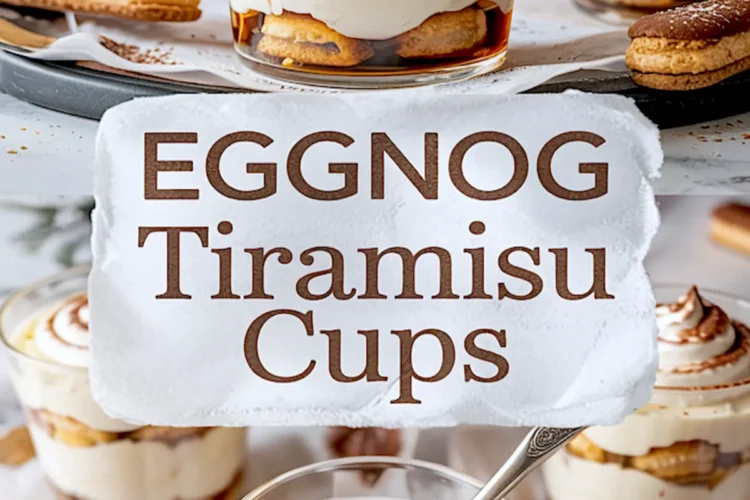 Eggnog tiramisu cups layered with soaked ladyfingers and mascarpone cream, topped with piped whipped cream and dusted cocoa. Bottom half features a spoonful taken from the creamy layered dessert.