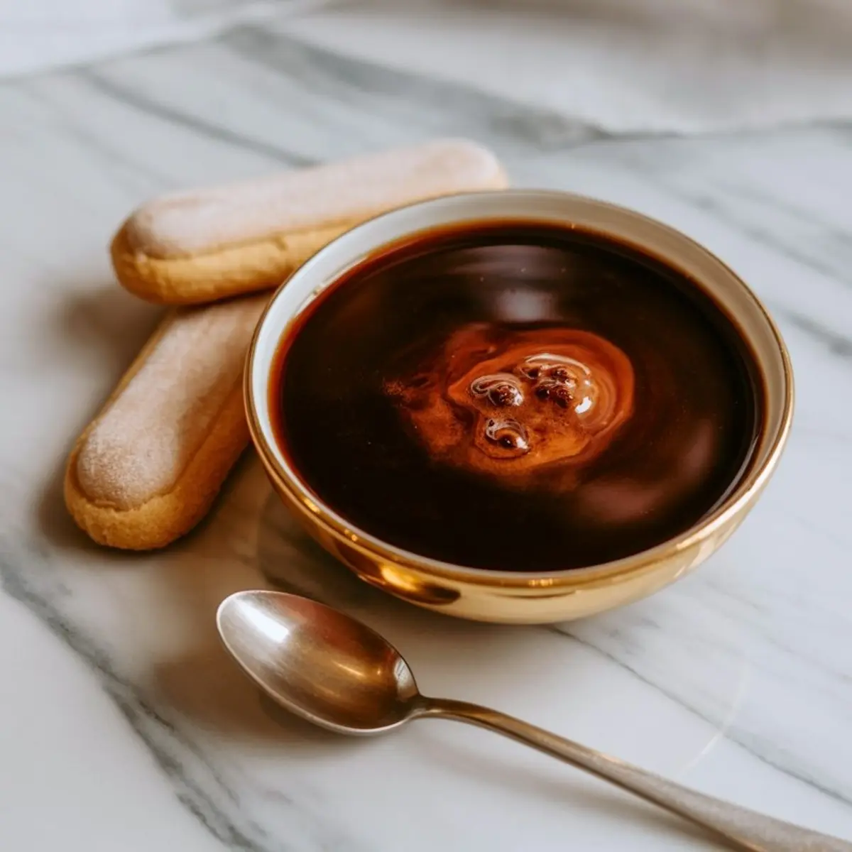 Espresso coffee in a gold-rimmed bowl with a frothy surface, placed beside two ladyfinger biscuits and a spoon on a marble countertop.