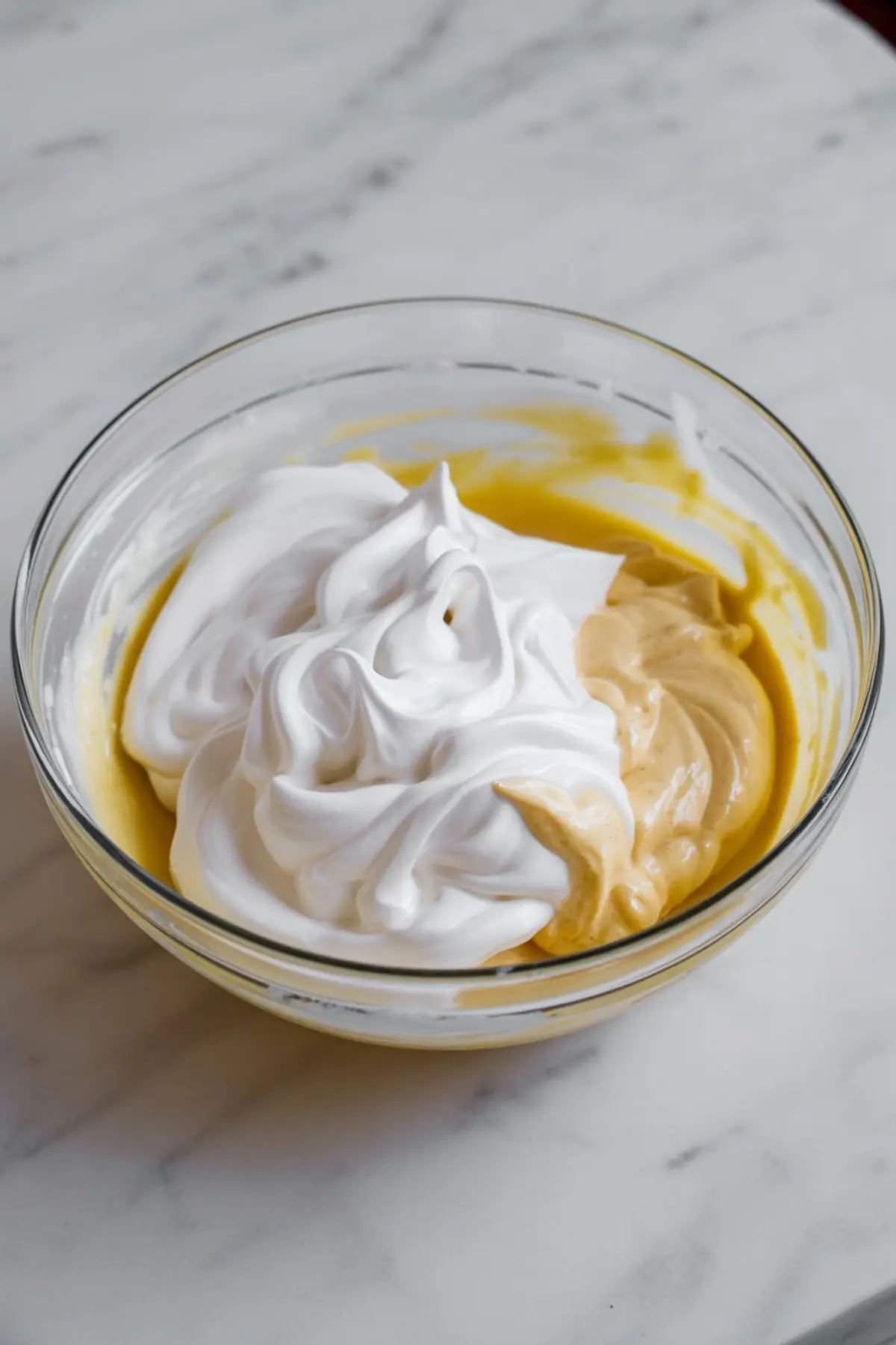Creamy mascarpone and whipped egg whites in a clear glass bowl, ready to be folded together for eggnog tiramisu filling.