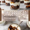 Glass jar trifles filled with alternating layers of brownie chunks, whipped cream, and caramel sauce, topped with gingerbread cookies. The bottom frame shows a close-up of a spoonful with soft brownie and creamy topping.