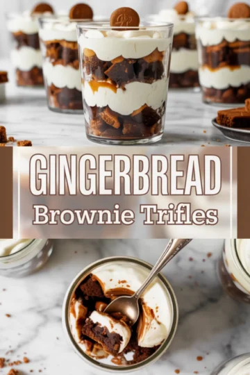Glass jar trifles filled with alternating layers of brownie chunks, whipped cream, and caramel sauce, topped with gingerbread cookies. The bottom frame shows a close-up of a spoonful with soft brownie and creamy topping.