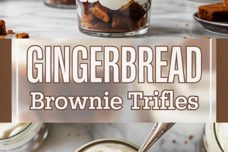 Glass jar trifles filled with alternating layers of brownie chunks, whipped cream, and caramel sauce, topped with gingerbread cookies. The bottom frame shows a close-up of a spoonful with soft brownie and creamy topping.