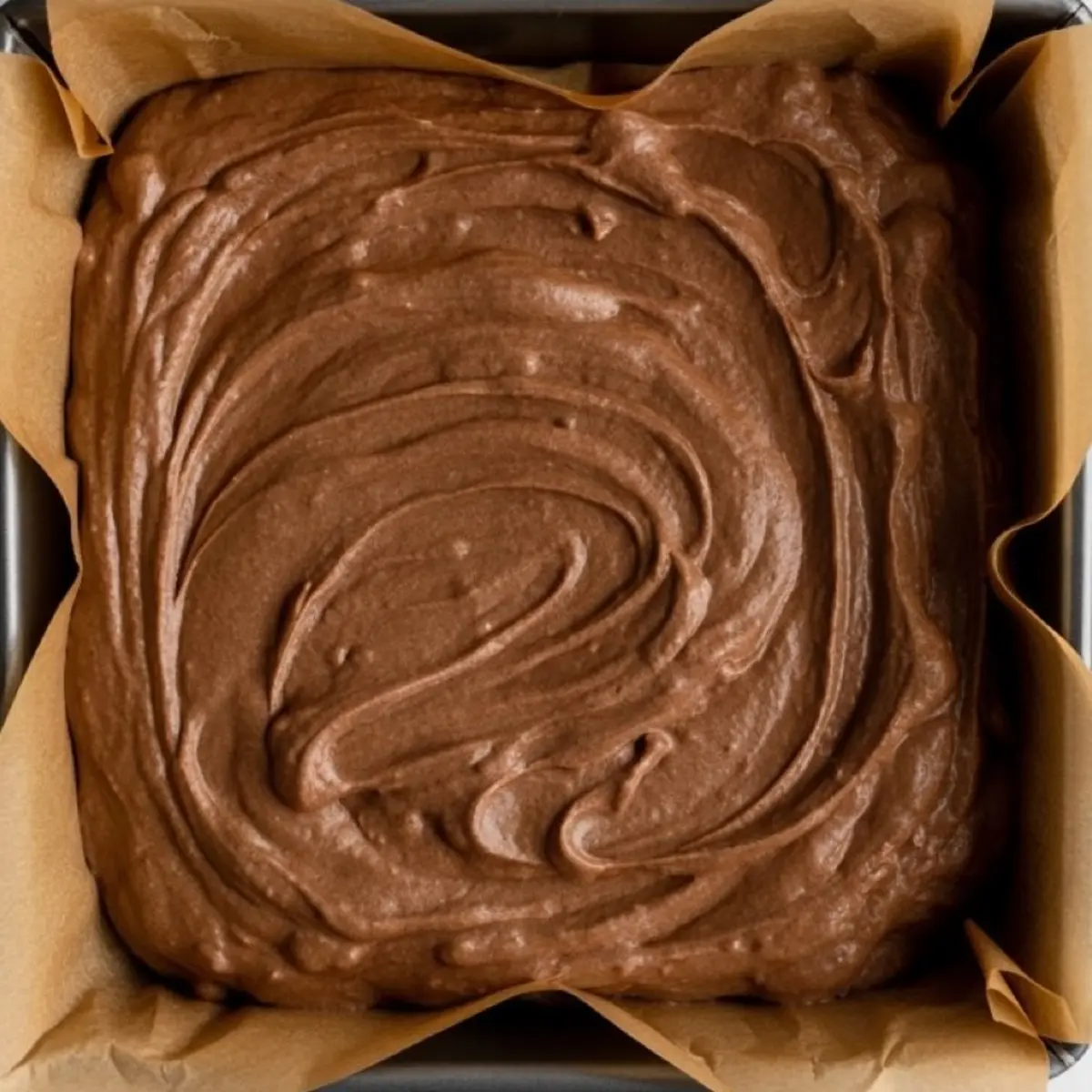 Thick chocolate brownie batter spread evenly in a square baking pan lined with parchment paper, ready for baking.