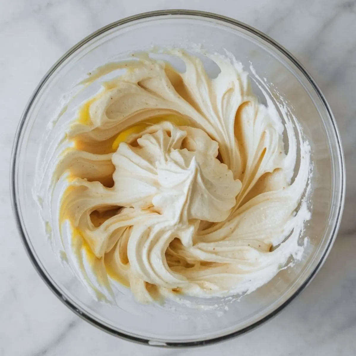 mascarpone and vanilla mixture in a glass bowl, with visible swirls of soft peaks and golden egg yolk streaks.
