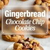 Vertical collage with freshly baked gingerbread chocolate chip cookies, bold title in the center, and a lower panel showing a cookie broken open on a white plate surrounded by more cookies.