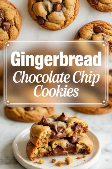 Vertical collage with freshly baked gingerbread chocolate chip cookies, bold title in the center, and a lower panel showing a cookie broken open on a white plate surrounded by more cookies.