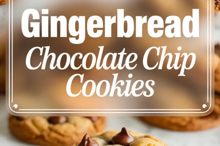 Vertical collage with freshly baked gingerbread chocolate chip cookies, bold title in the center, and a lower panel showing a cookie broken open on a white plate surrounded by more cookies.