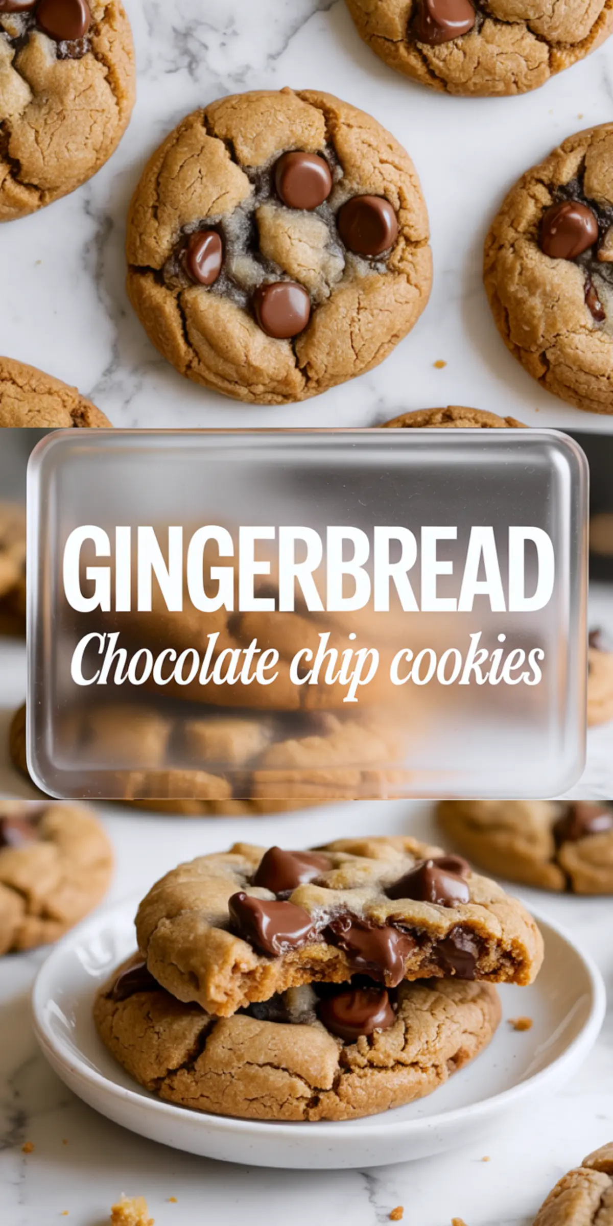 Vertical collage featuring close-up gingerbread chocolate chip cookies, bold text in the center reading “Gingerbread Chocolate Chip Cookies,” and a bottom view of a broken cookie with melty chocolate chips on a white plate.