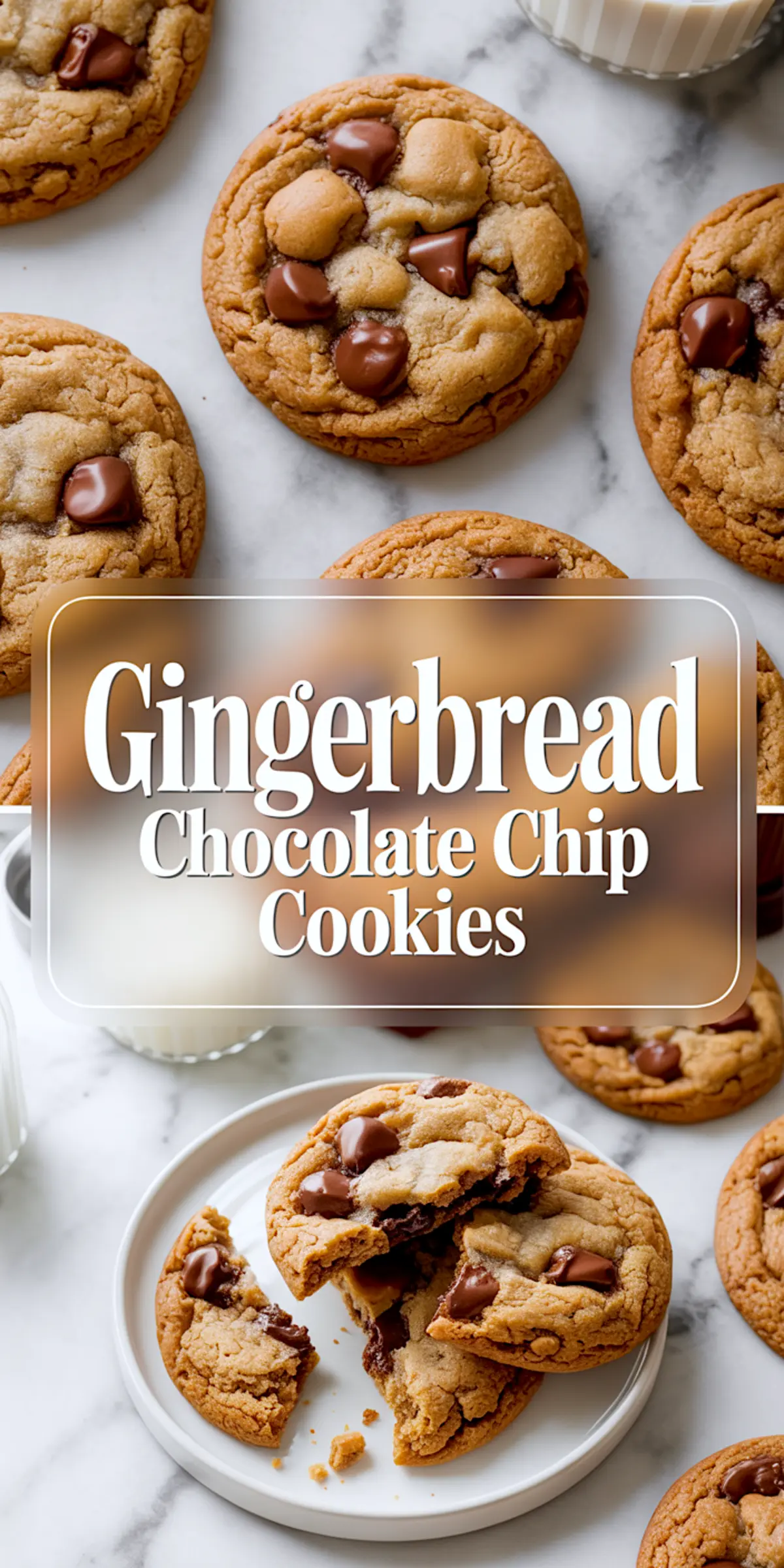 Vertical collage with freshly baked gingerbread chocolate chip cookies, bold title in the center, and a lower panel showing a cookie broken open on a white plate surrounded by more cookies.