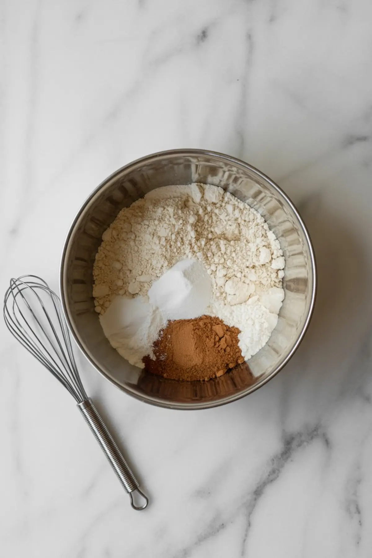 Dry ingredients for gingerbread cookies including flour, baking soda, salt, and ground spices in a metal bowl with a wire whisk on the side.