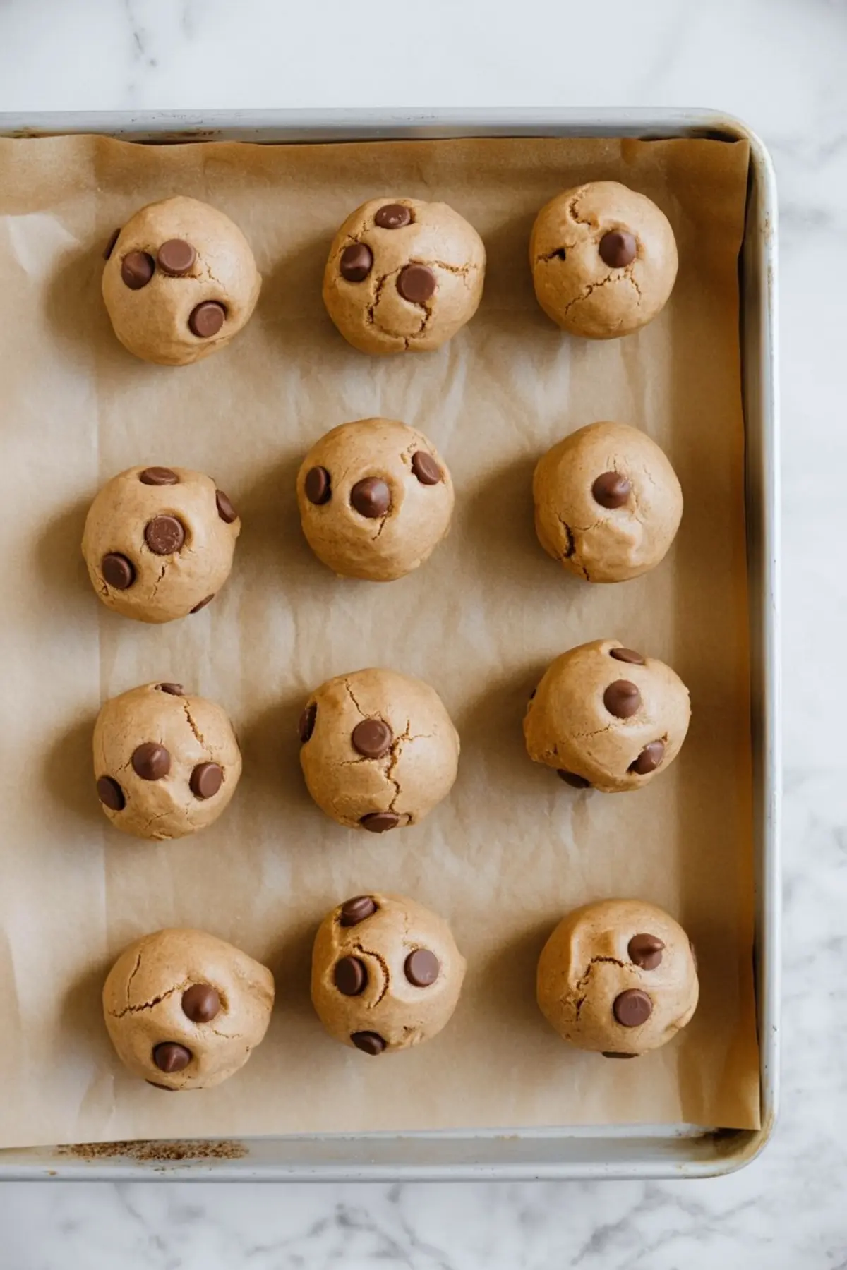 Raw gingerbread chocolate chip cookie dough balls with chocolate chips on top, evenly spaced on a parchment-lined baking sheet.