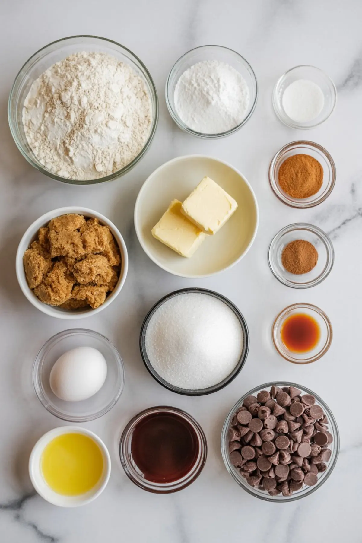 Flat lay of measured ingredients for gingerbread chocolate chip cookies, including flour, butter, sugars, chocolate chips, egg, vanilla, molasses, oil, and spices on a white background.