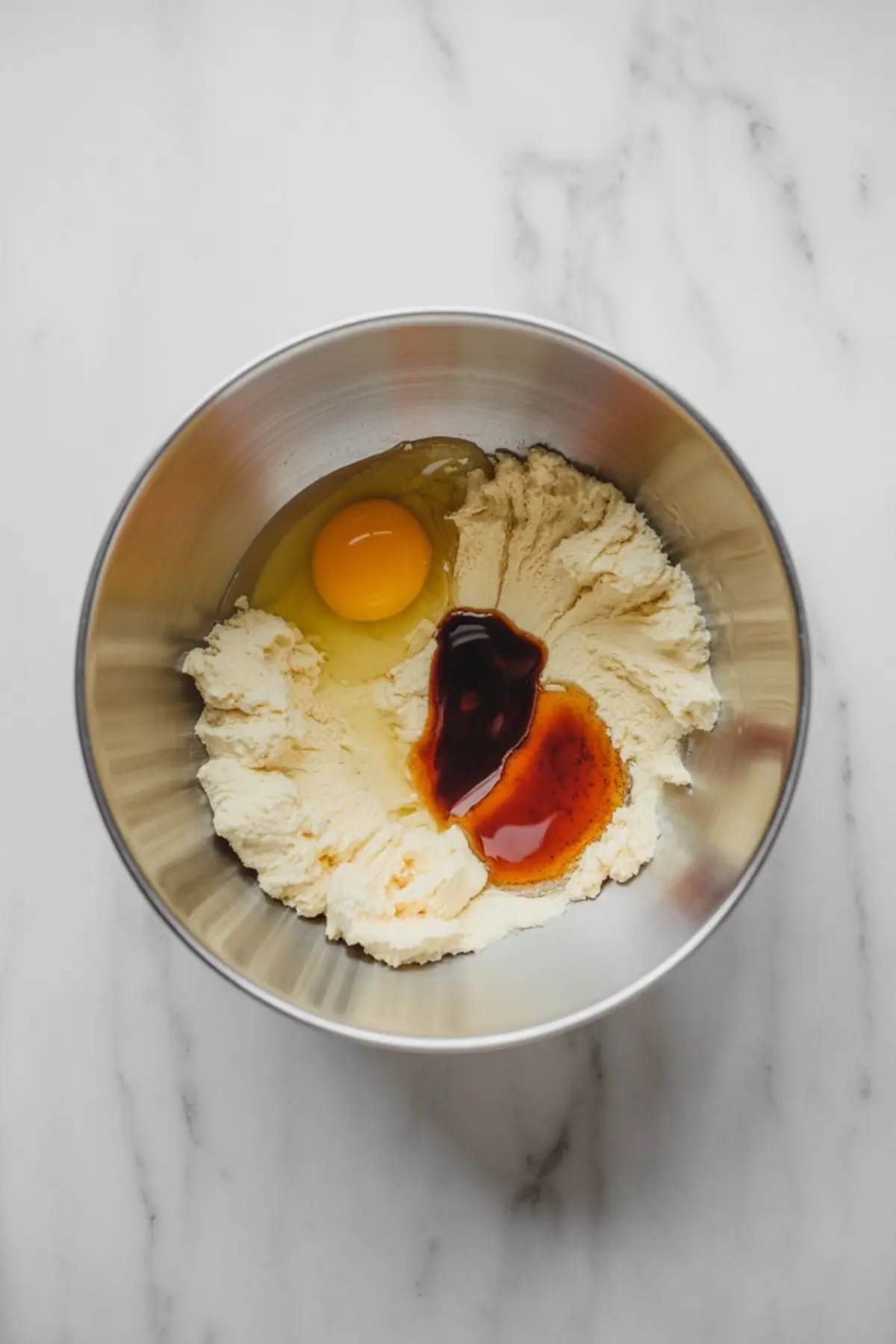 Creamed butter and sugar mixture with an egg and vanilla extract in a large metal bowl on a white marble surface.