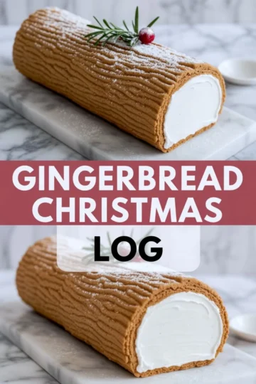 Homemade gingerbread Yule log cake topped with a sprig of rosemary and dusted with powdered sugar, styled on marble with text highlighting recipe name.