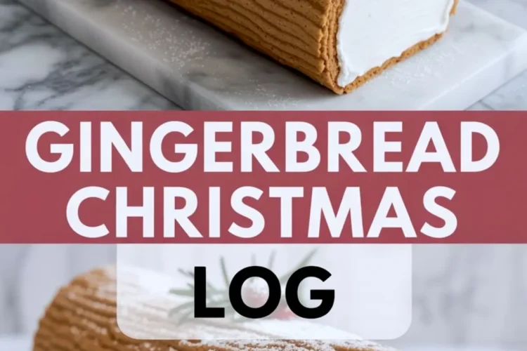 Homemade gingerbread Yule log cake topped with a sprig of rosemary and dusted with powdered sugar, styled on marble with text highlighting recipe name.