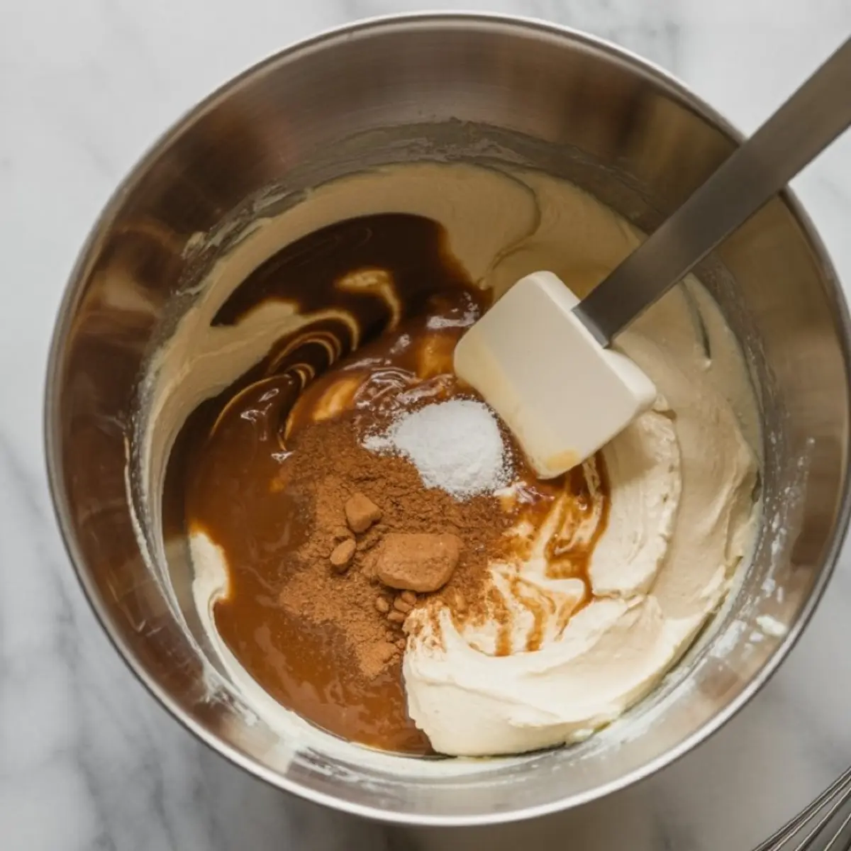 Large mixing bowl with creamy batter, dark syrup, cinnamon, and a pinch of salt ready to be blended with a spatula.