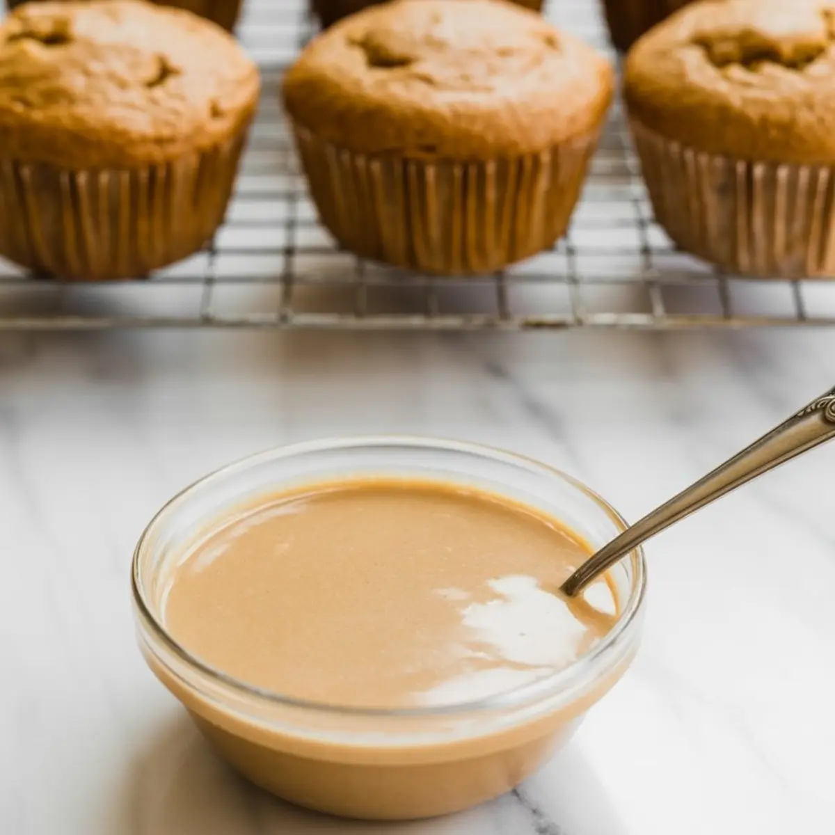 Small glass bowl filled with smooth maple glaze with a spoon inside, placed in front of freshly baked muffins cooling on a wire rack.
