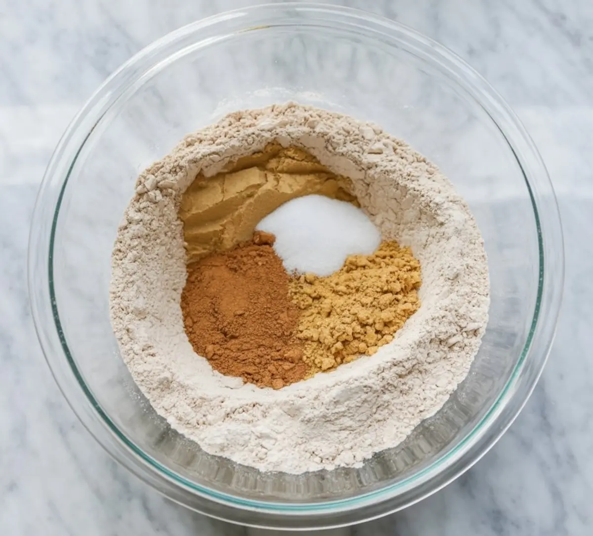 Clear mixing bowl with flour, cinnamon, ginger, cloves, and white sugar, showcasing the dry ingredient blend for gingerbread muffin batter.
