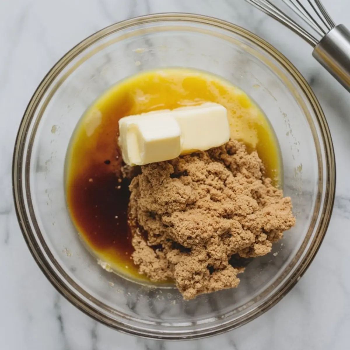 Glass mixing bowl with melted butter, brown sugar, vanilla extract, and two cubes of butter on a marble surface, showing the beginning stages of gingerbread muffin batter preparation.
