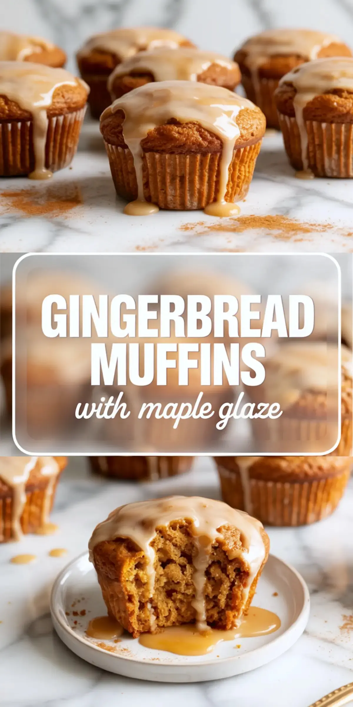 Two-panel collage showing freshly baked gingerbread muffins topped with maple glaze on top, and a close-up of a muffin sliced in half revealing its moist texture, with maple glaze dripping over the edges.
