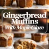 Dual-image layout displaying glazed gingerbread muffins arranged in rows above, and a halved muffin on a plate below with maple glaze pooling on the plate, emphasizing texture and moist crumb.