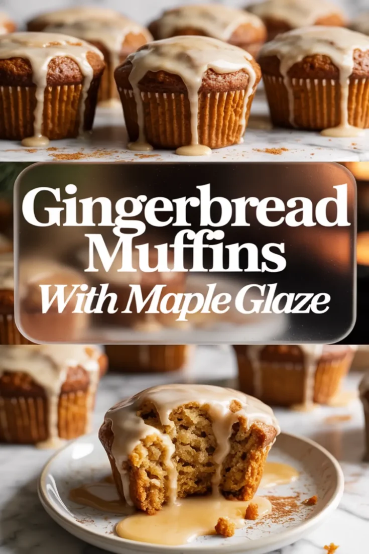 Dual-image layout displaying glazed gingerbread muffins arranged in rows above, and a halved muffin on a plate below with maple glaze pooling on the plate, emphasizing texture and moist crumb.