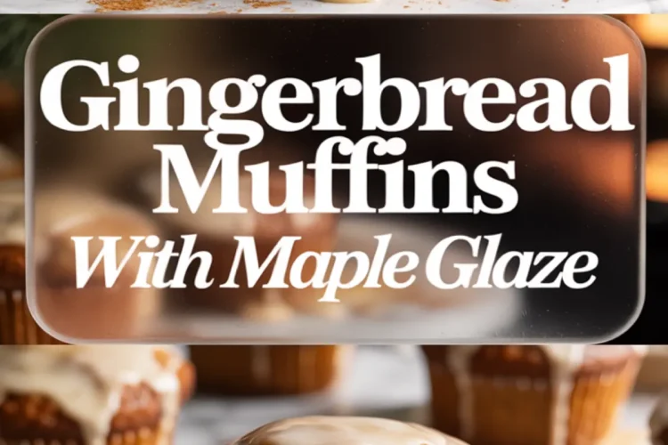 Dual-image layout displaying glazed gingerbread muffins arranged in rows above, and a halved muffin on a plate below with maple glaze pooling on the plate, emphasizing texture and moist crumb.