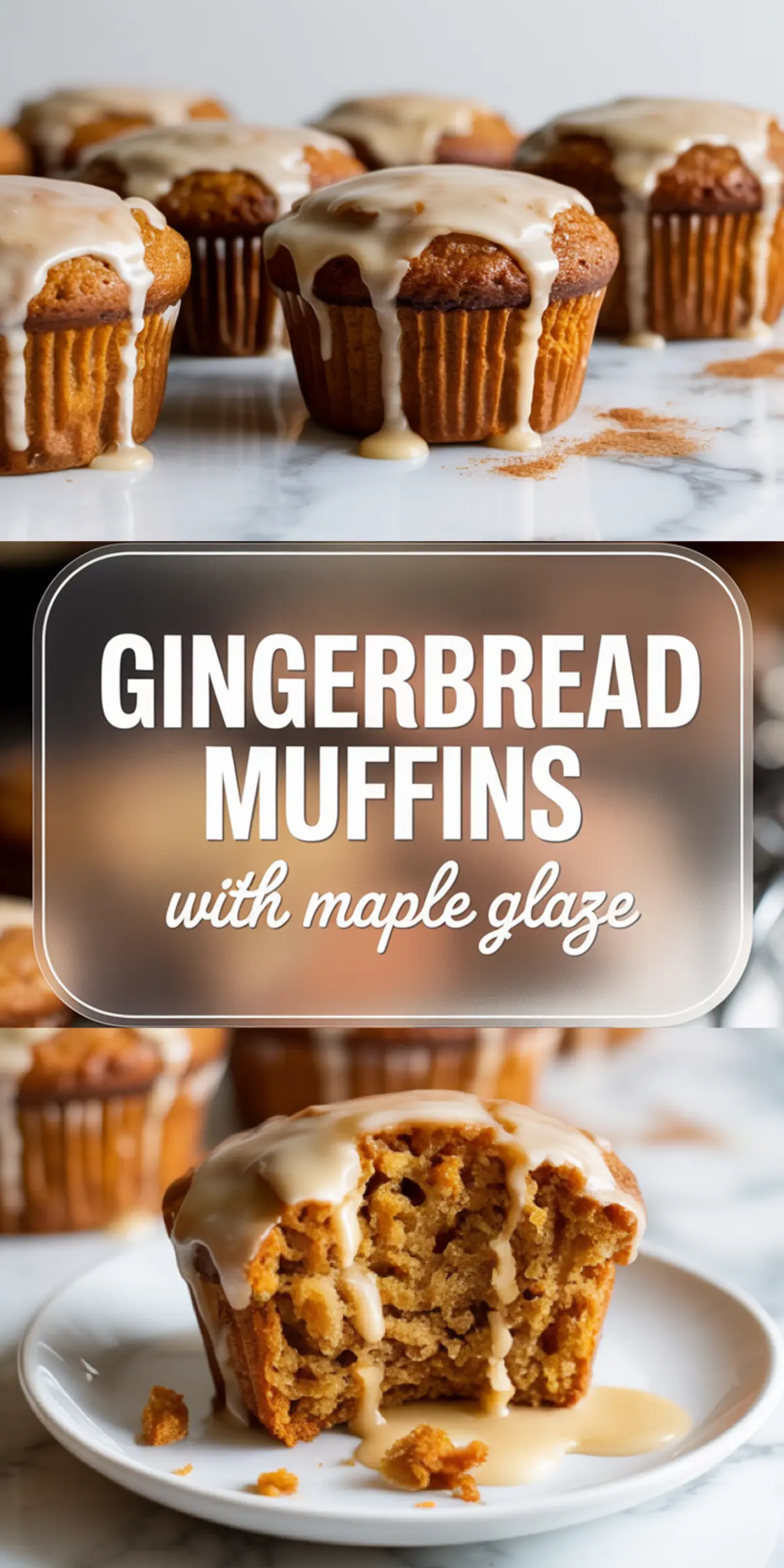 Collage featuring maple-glazed gingerbread muffins grouped on top, and a sliced muffin on a plate below with glaze dripping into the crumb, capturing a cozy holiday dessert aesthetic.
