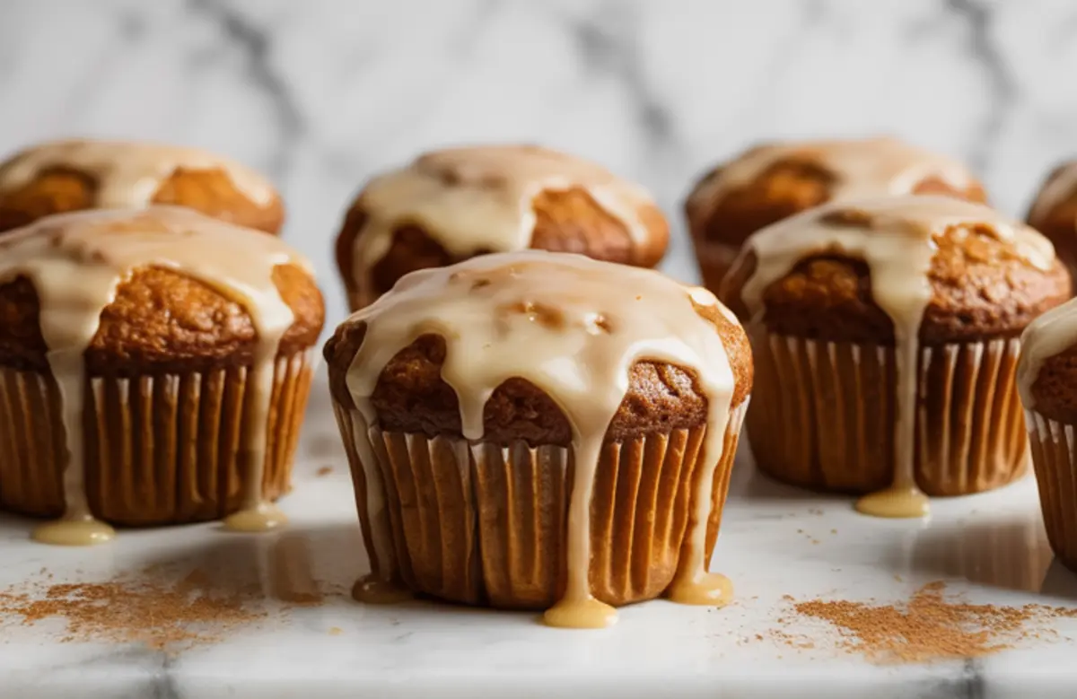 Close-up view of maple-glazed gingerbread muffins arranged on a white marble surface with a sprinkle of cinnamon, highlighting the glossy icing and golden brown tops.

