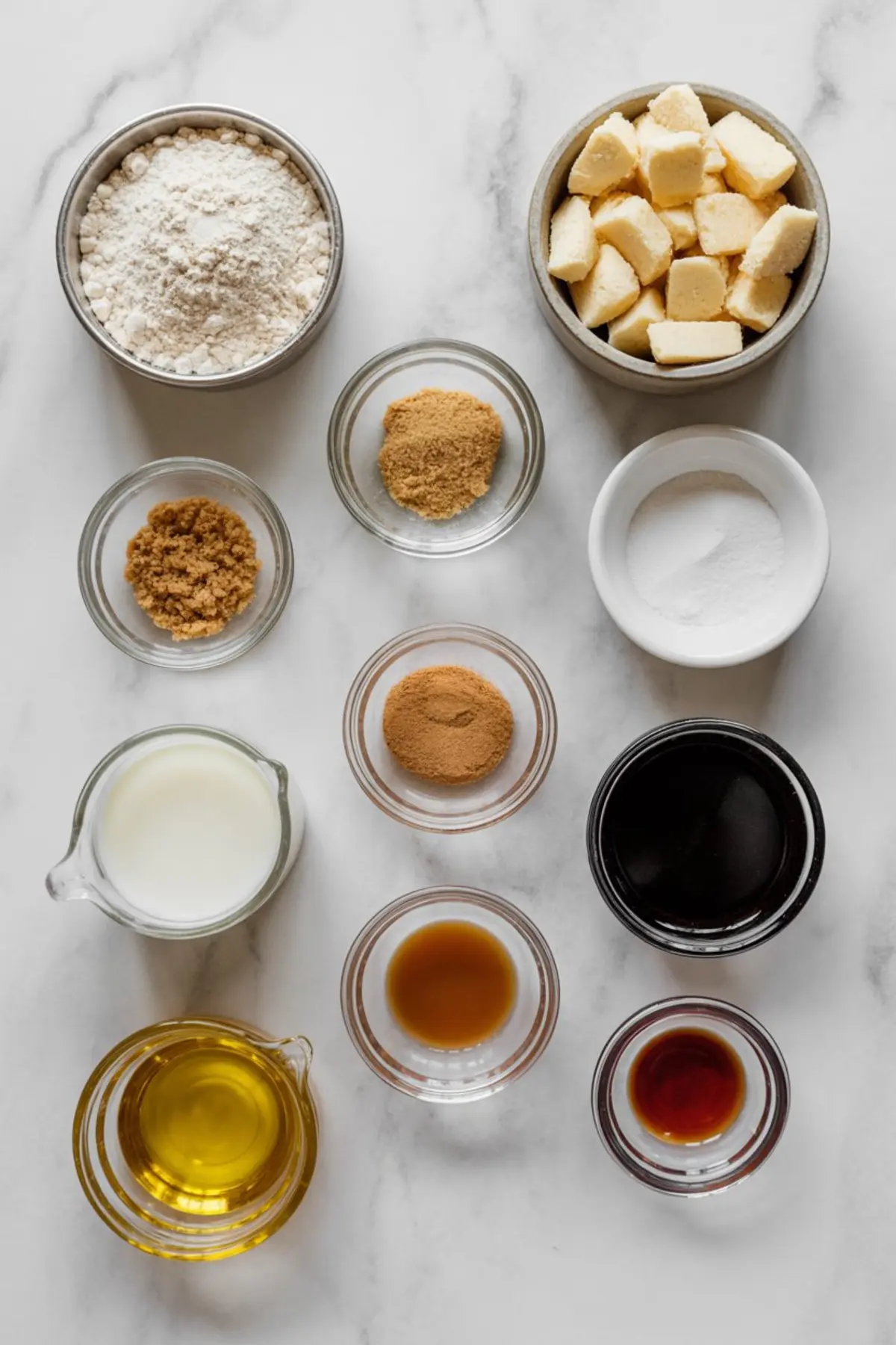 Flat lay of gingerbread mug cake ingredients in small bowls on a marble surface. Includes flour, butter chunks, brown sugar, white sugar, molasses, milk, baking powder, cinnamon, ginger, and vanilla extract.
