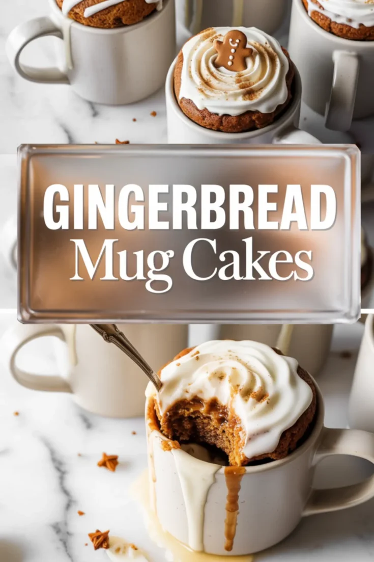Vertical collage with multiple gingerbread mug cakes topped with cream swirls and mini gingerbread cookies. The bottom mug has frosting and cake spilling over, with a spoon showing a moist interior. Text overlay in the middle says “Gingerbread Mug Cakes”.