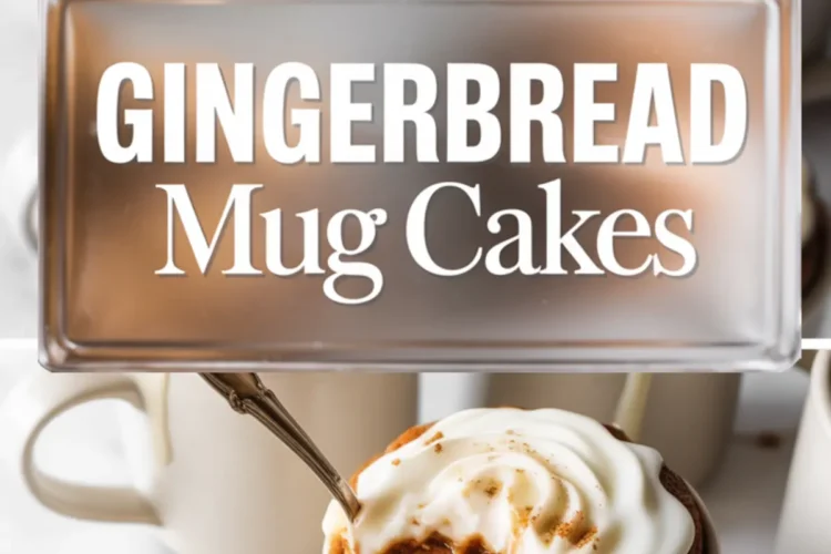 Vertical collage with multiple gingerbread mug cakes topped with cream swirls and mini gingerbread cookies. The bottom mug has frosting and cake spilling over, with a spoon showing a moist interior. Text overlay in the middle says “Gingerbread Mug Cakes”.