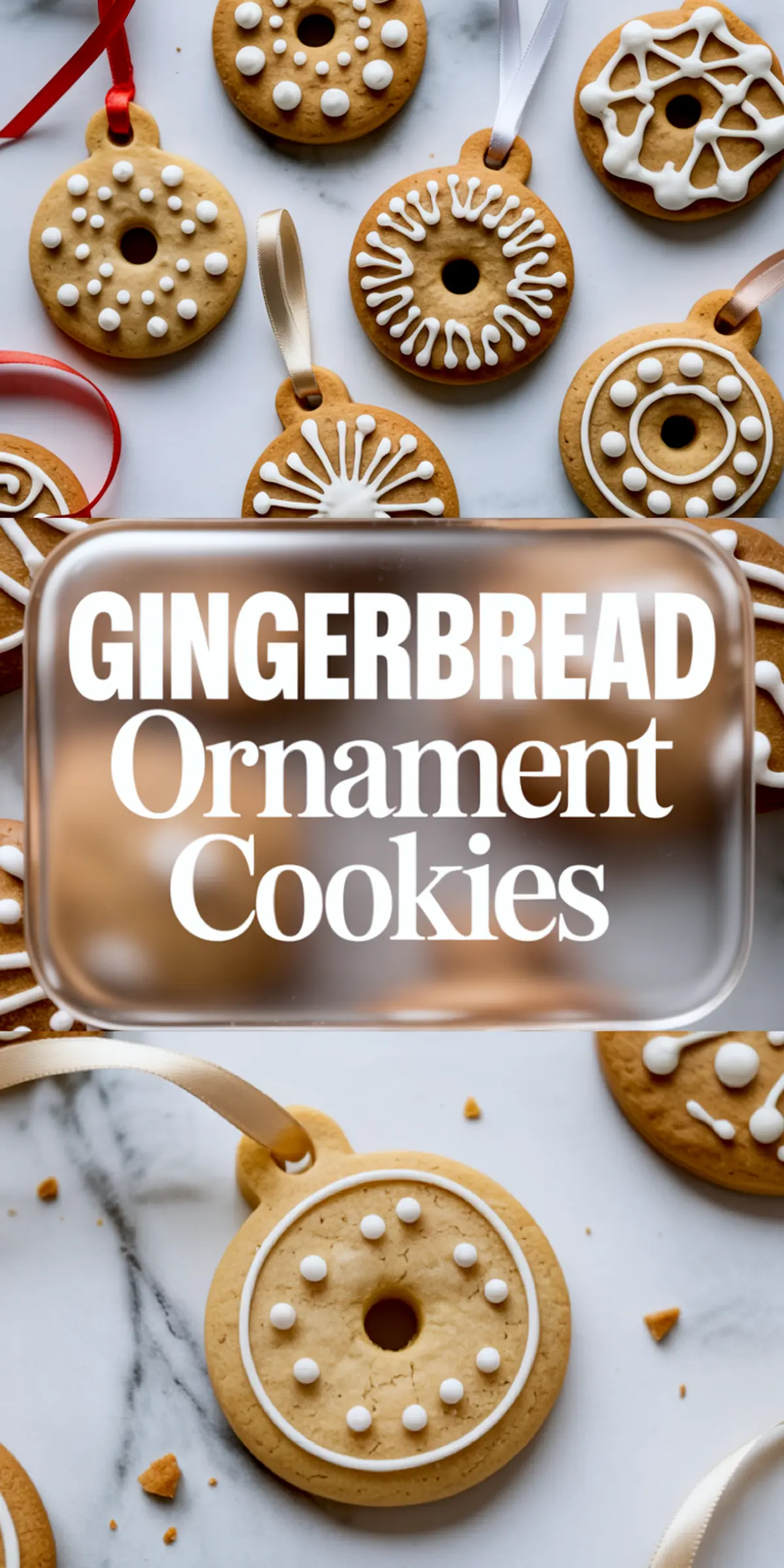 Top and bottom views of baked gingerbread ornament cookies decorated with piped royal icing and hung with satin ribbons, overlaid with the title “Gingerbread Ornament Cookies.”