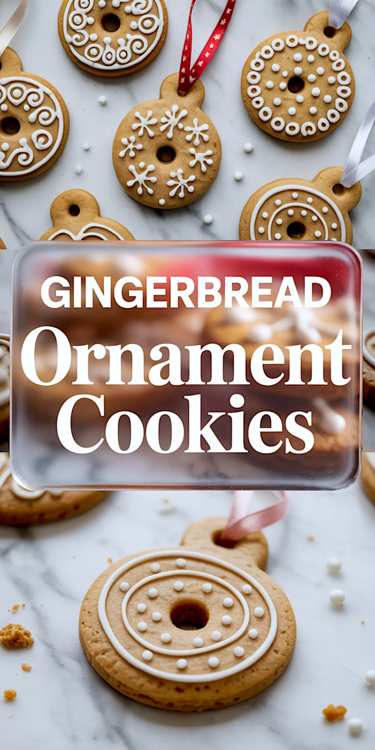 Top and bottom views of decorated gingerbread ornament cookies with white icing details and colorful ribbon loops, labeled “Gingerbread Ornament Cookies.”