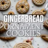 A two-panel collage showing round gingerbread ornament cookies with intricate icing patterns, festive ribbons, and a centered title reading “Gingerbread Ornament Cookies.”