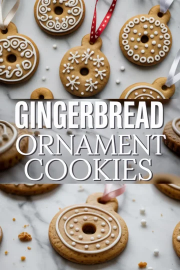A two-panel collage showing round gingerbread ornament cookies with intricate icing patterns, festive ribbons, and a centered title reading “Gingerbread Ornament Cookies.”
