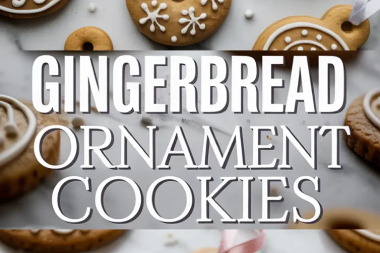 A two-panel collage showing round gingerbread ornament cookies with intricate icing patterns, festive ribbons, and a centered title reading “Gingerbread Ornament Cookies.”