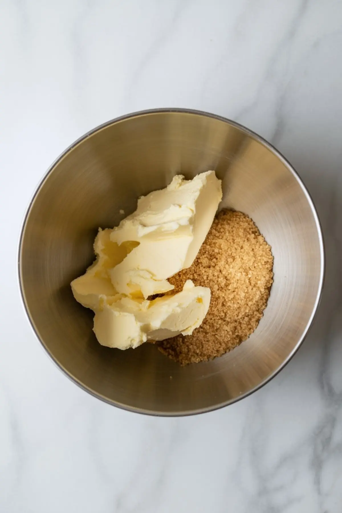 Softened butter and brown sugar sit in a metal mixing bowl, ready to be creamed for holiday baking on a white marble surface.