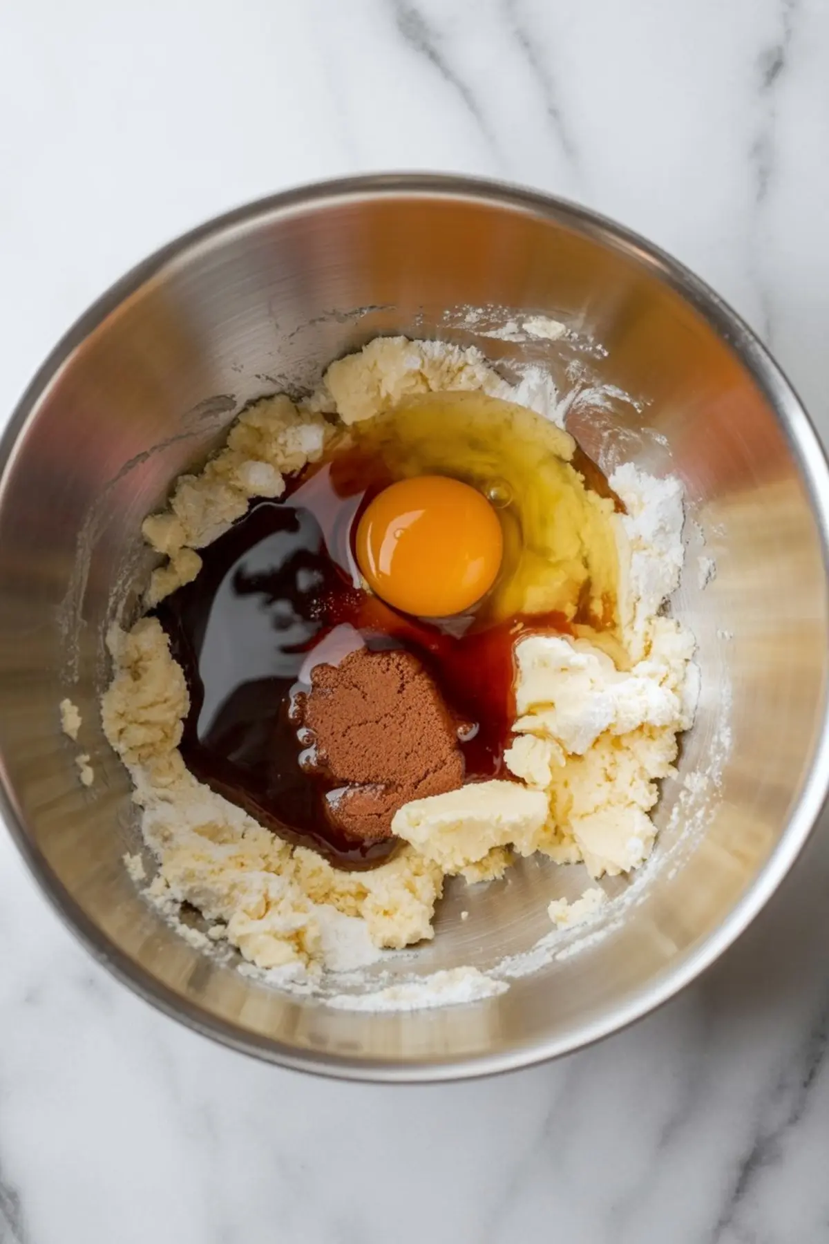 A mixing bowl holds creamed butter, sugar, a raw egg, molasses, flour, and ground cinnamon for making gingerbread cookie dough.