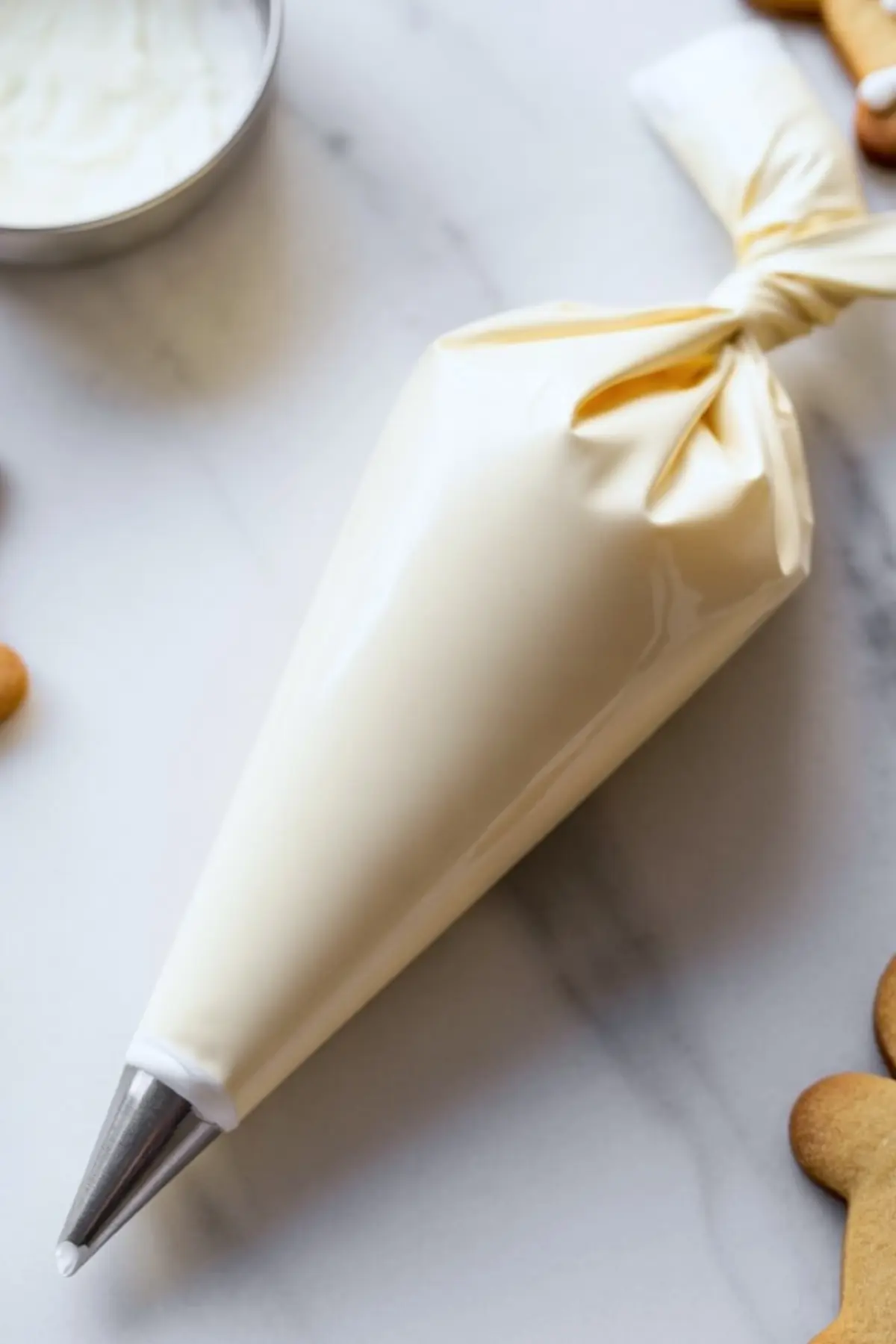 A piping bag filled with smooth white royal icing lies on a marble surface beside partially visible decorated gingerbread cookies.