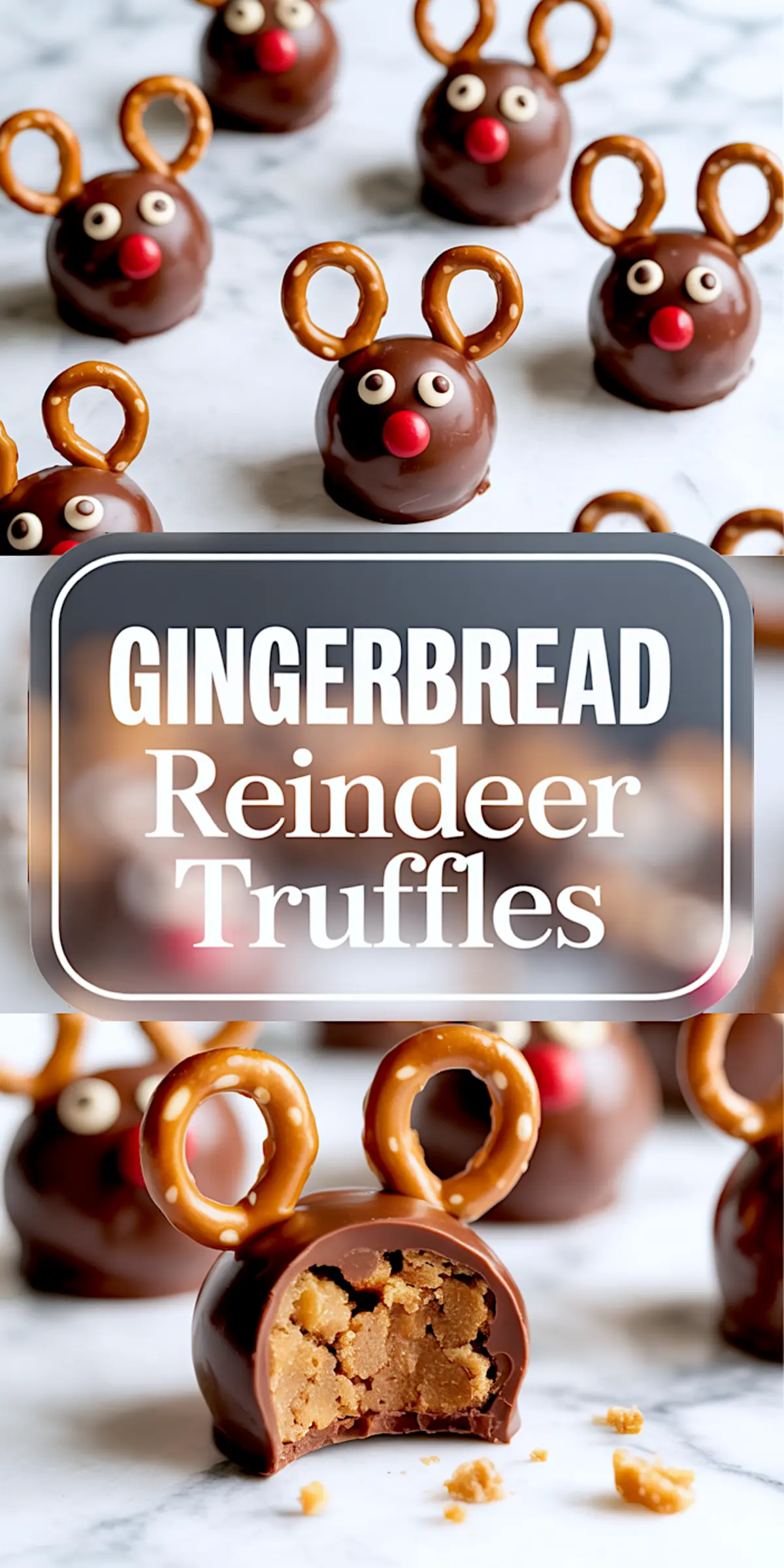Holiday-themed gingerbread truffles decorated as reindeer with candy eyes, red noses, and pretzel antlers, displayed on a marble surface with one truffle cut open to reveal a spiced cookie filling.
