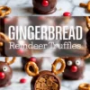 Gingerbread reindeer truffles arranged on marble, featuring chocolate-coated exteriors, red noses, pretzel antlers, and a bite-revealed soft filling, with scattered colorful candy pieces in the background.