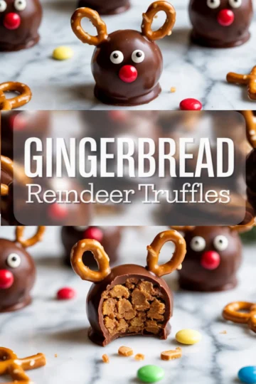 Gingerbread reindeer truffles arranged on marble, featuring chocolate-coated exteriors, red noses, pretzel antlers, and a bite-revealed soft filling, with scattered colorful candy pieces in the background.