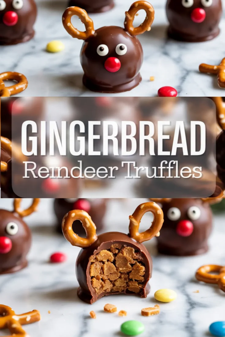 Gingerbread reindeer truffles arranged on marble, featuring chocolate-coated exteriors, red noses, pretzel antlers, and a bite-revealed soft filling, with scattered colorful candy pieces in the background.