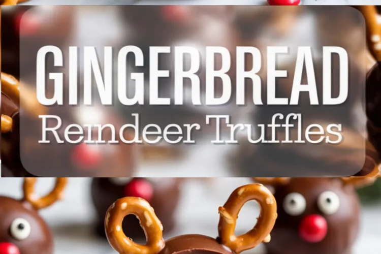 Gingerbread reindeer truffles arranged on marble, featuring chocolate-coated exteriors, red noses, pretzel antlers, and a bite-revealed soft filling, with scattered colorful candy pieces in the background.