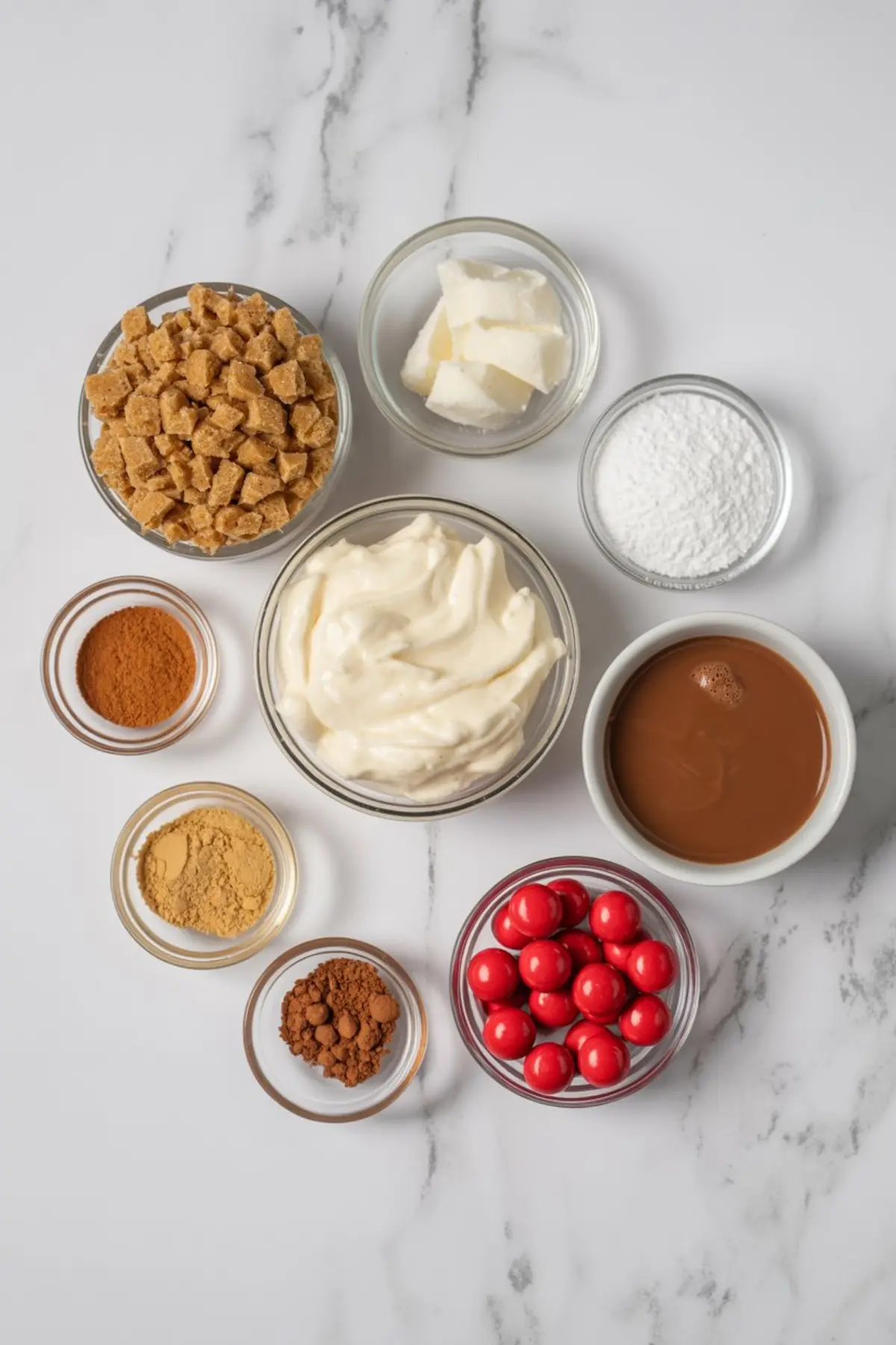 Assorted gingerbread truffle ingredients arranged in glass bowls on white marble, including crushed cookie bits, white chocolate chunks, powdered sugar, ground cinnamon, ground ginger, cocoa powder, red candy-coated chocolates, melted chocolate, and creamy filling.
